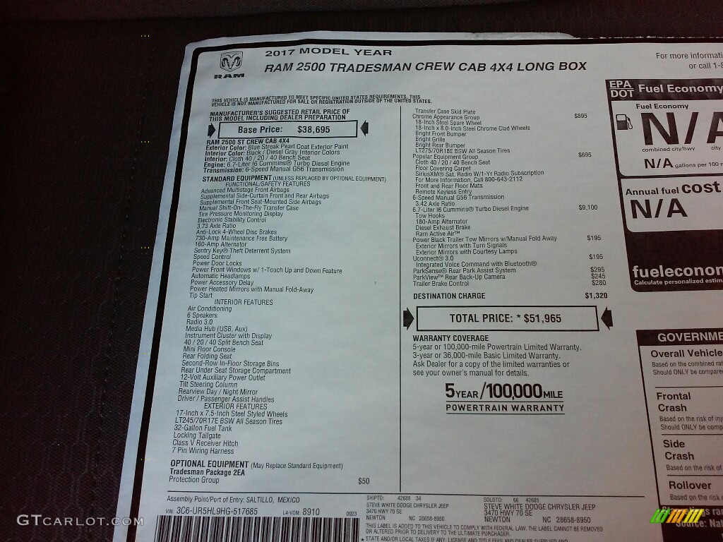 2017 Ram 2500 Tradesman Crew Cab 4x4 Window Sticker Photo #116356292