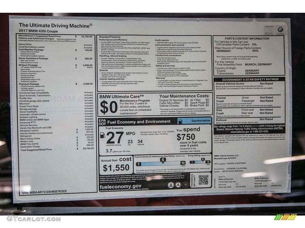 2017 BMW 4 Series 430i Coupe Window Sticker Photo #116372105