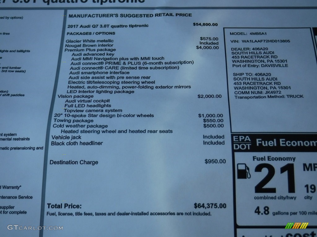 2017 Audi Q7 3.0T quattro Premium Plus Window Sticker Photo #116372480