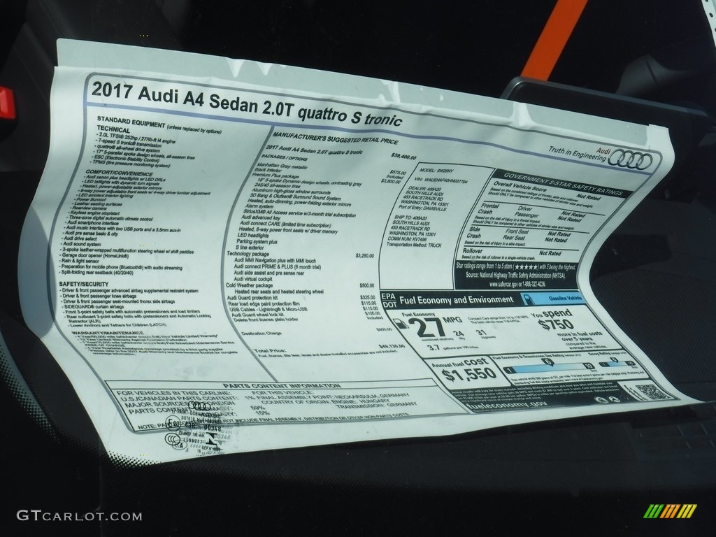2017 Audi A4 2.0T Premium Plus quattro Window Sticker Photo #116373572