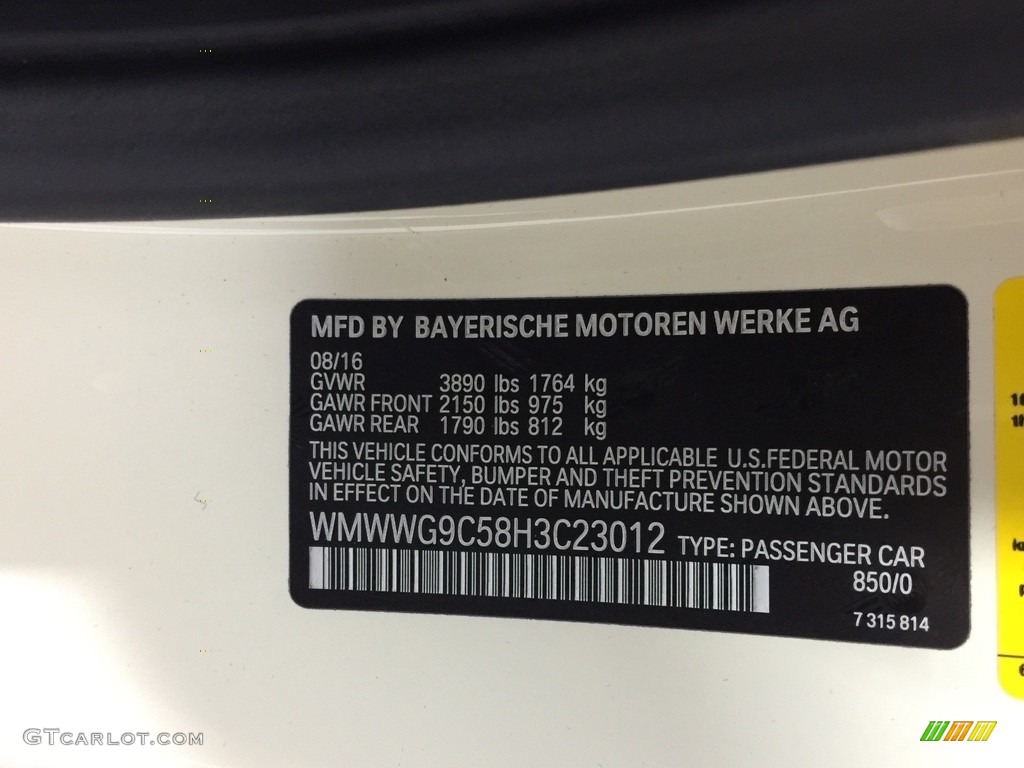 2017 Convertible Color Code 850 for Pepper White Photo #116388716