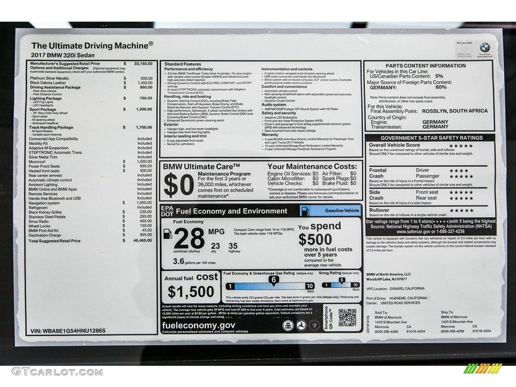 2017 BMW 3 Series 320i Sedan Window Sticker Photo #116403656