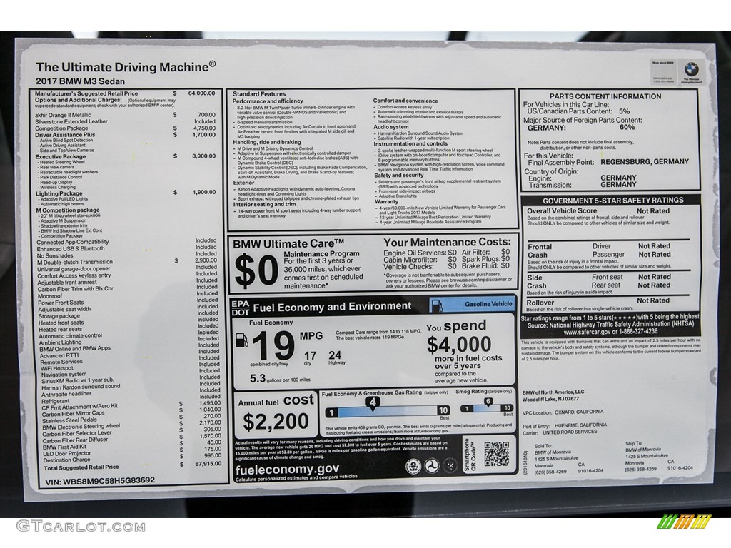 2017 BMW M3 Sedan Window Sticker Photo #116403926