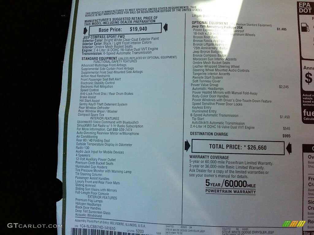 2017 Jeep Compass 75th Anniversary Edition Window Sticker Photo #116419001