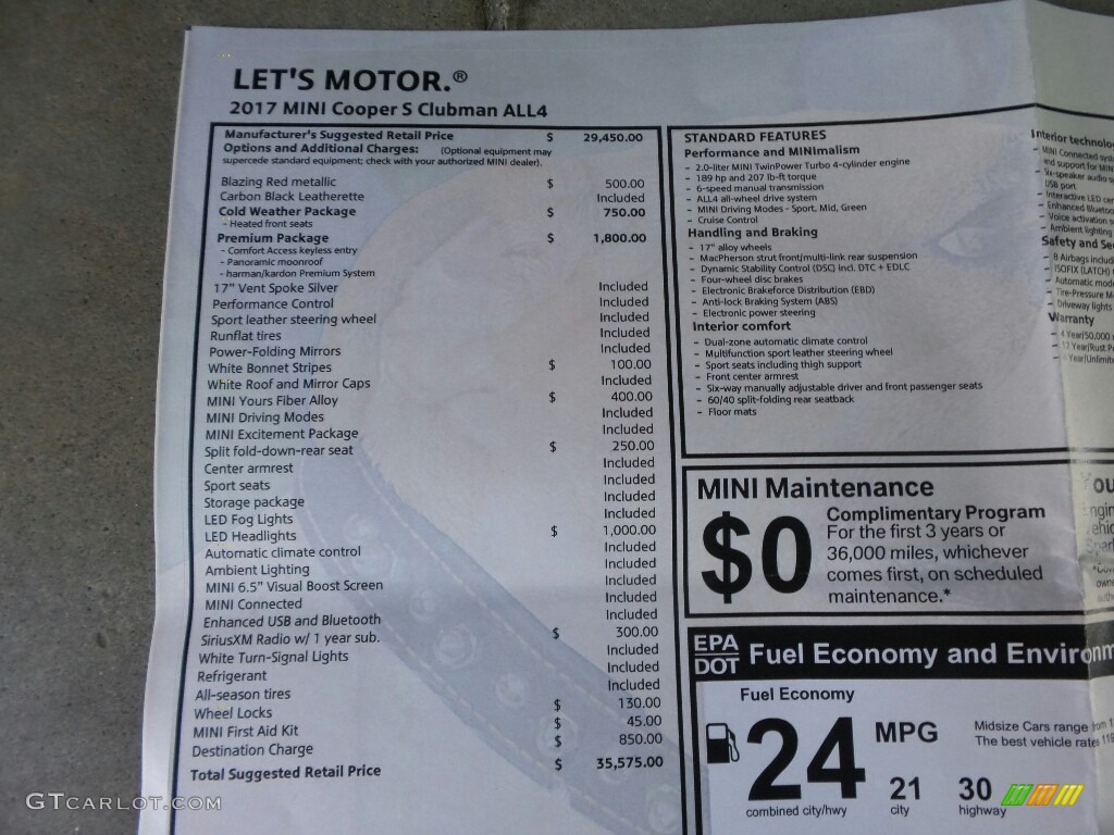 2017 Mini Clubman Cooper S ALL4 Window Sticker Photo #116432519
