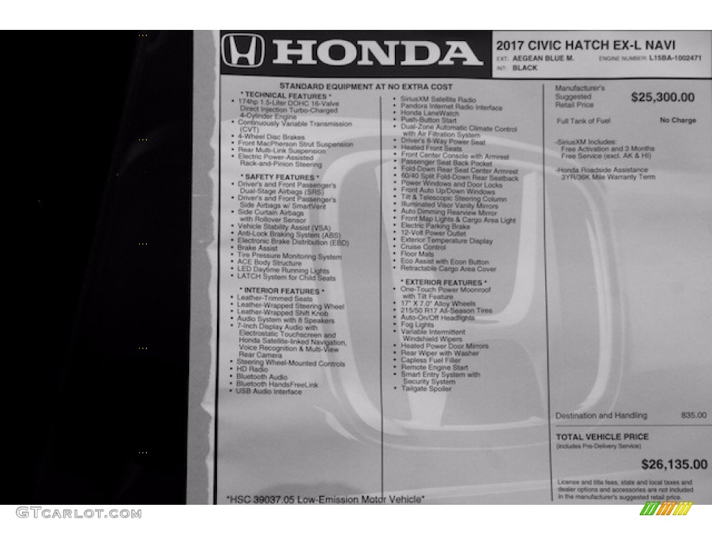 2017 Honda Civic EX-L Navi Hatchback Window Sticker Photo #116436583