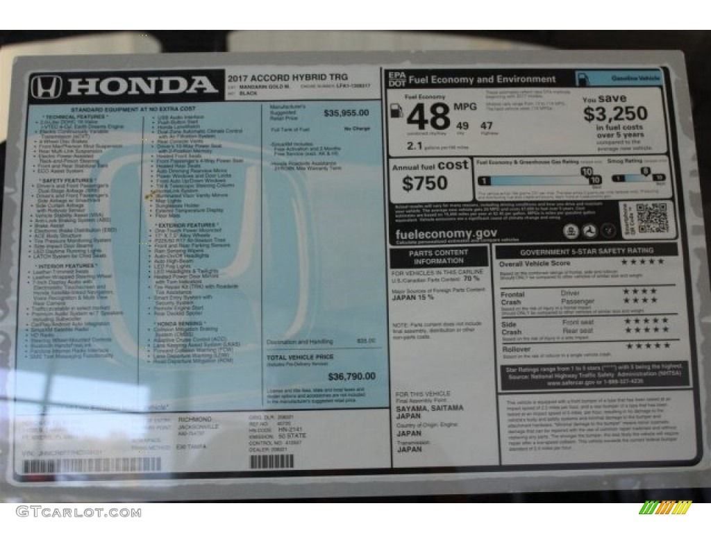 2017 Honda Accord Hybrid Touring Sedan Window Sticker Photo #116441080
