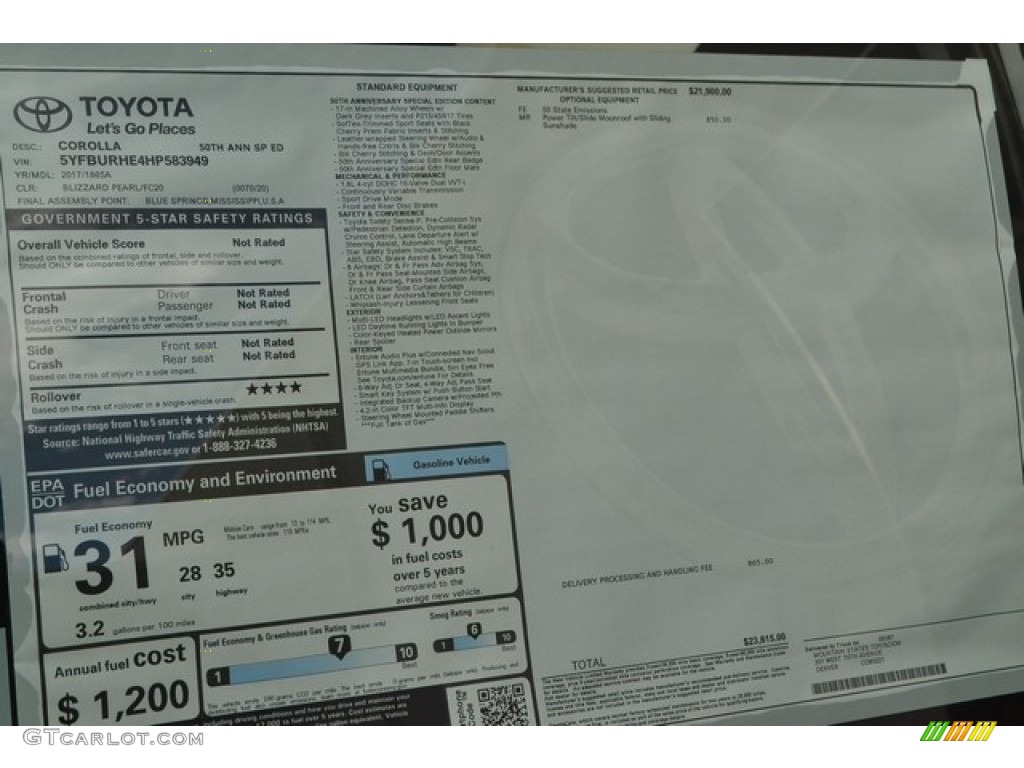 2017 Toyota Corolla 50th Anniversary Special Edition Window Sticker Photo #116467369