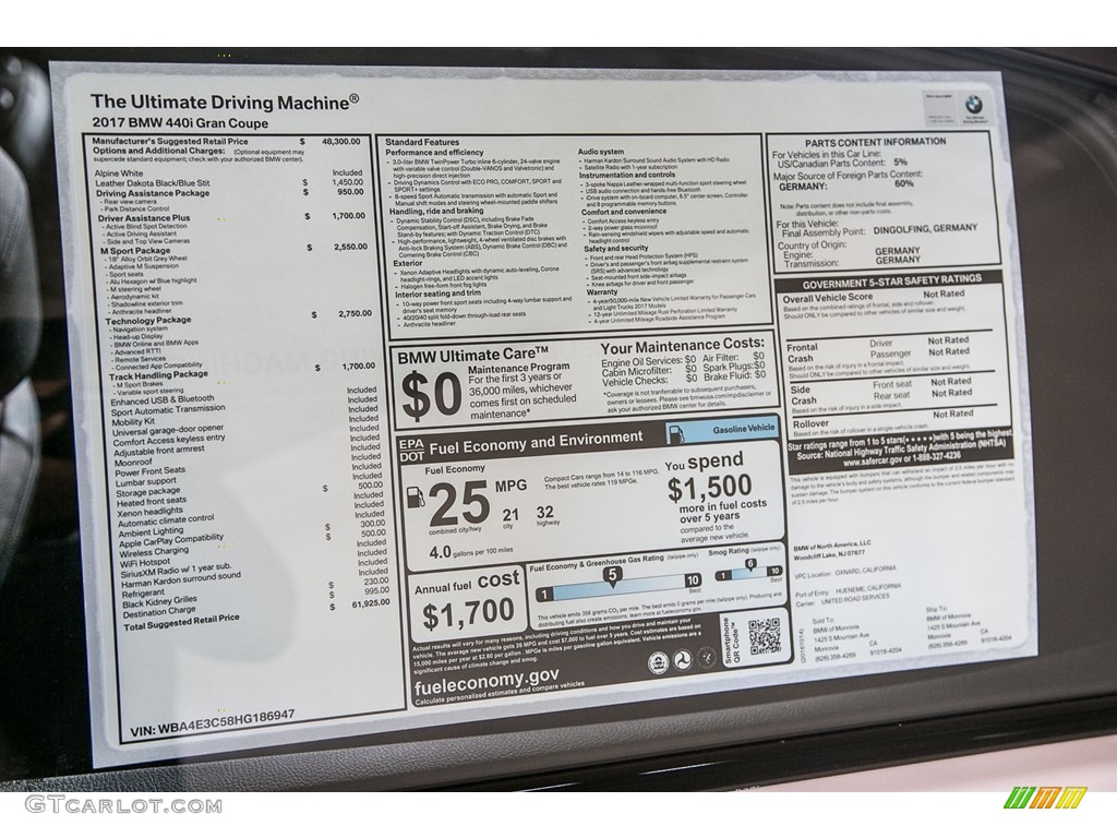 2017 BMW 4 Series 440i Gran Coupe Window Sticker Photo #116526385