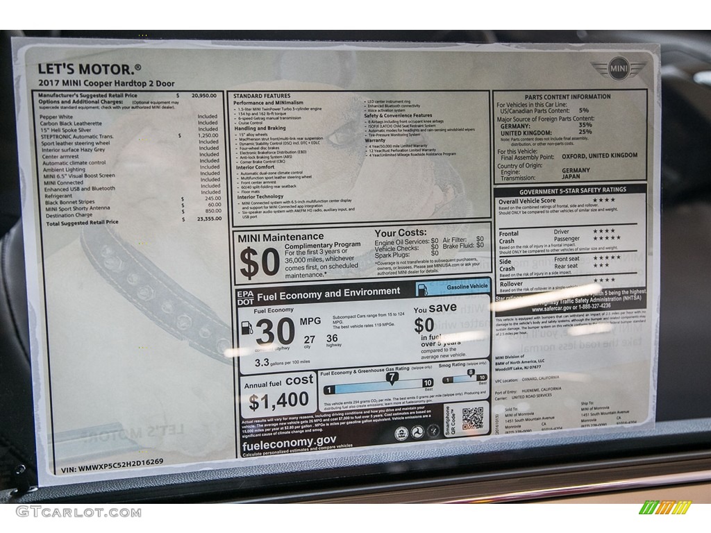 2017 Mini Hardtop Cooper 2 Door Window Sticker Photo #116527428