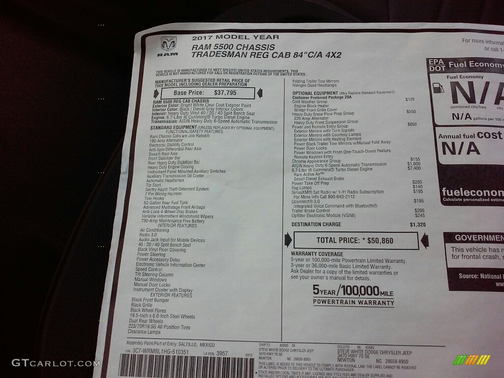 2017 Ram 5500 Tradesman Regular Cab Chassis Window Sticker Photo #116528307