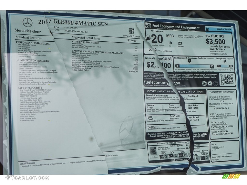 2017 Mercedes-Benz GLE 400 4Matic Window Sticker Photos