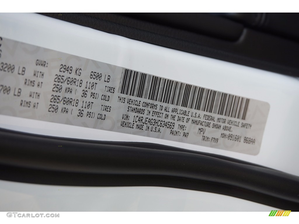 2017 Grand Cherokee Color Code PW7 for Bright White Photo #116556034