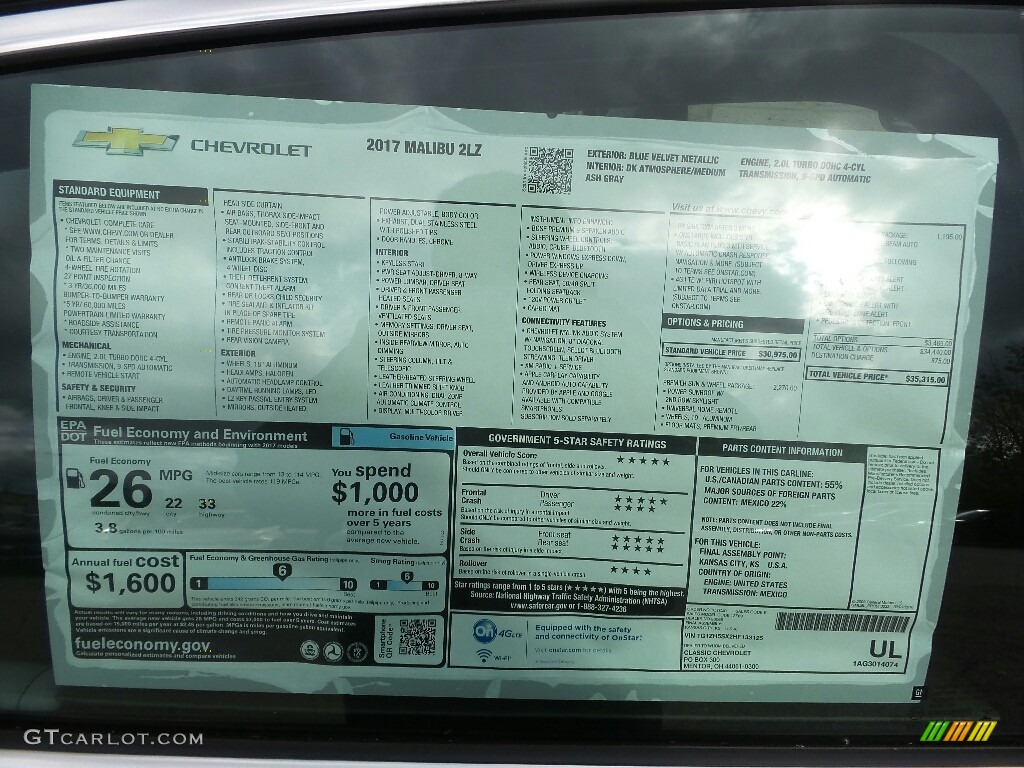 2017 Chevrolet Malibu Premier Window Sticker Photo #116560384