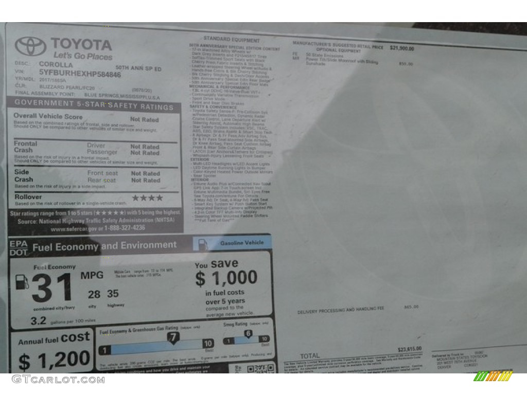 2017 Toyota Corolla 50th Anniversary Special Edition Window Sticker Photo #116622386