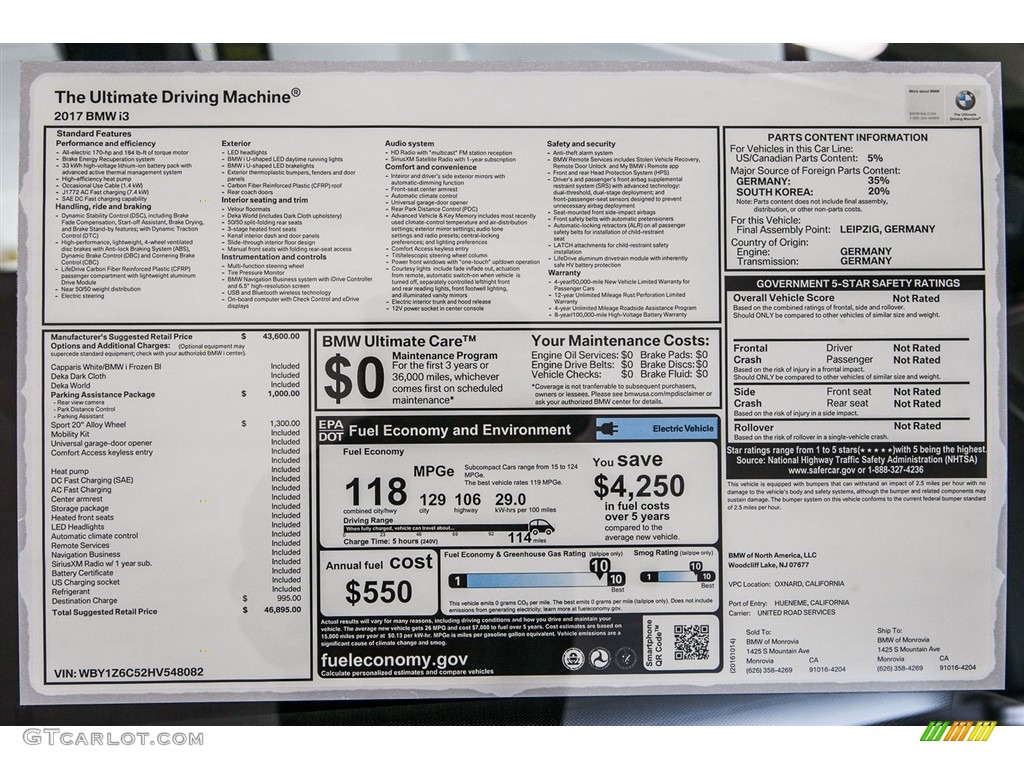 2017 BMW i3 Standard i3 Model Window Sticker Photo #116646484