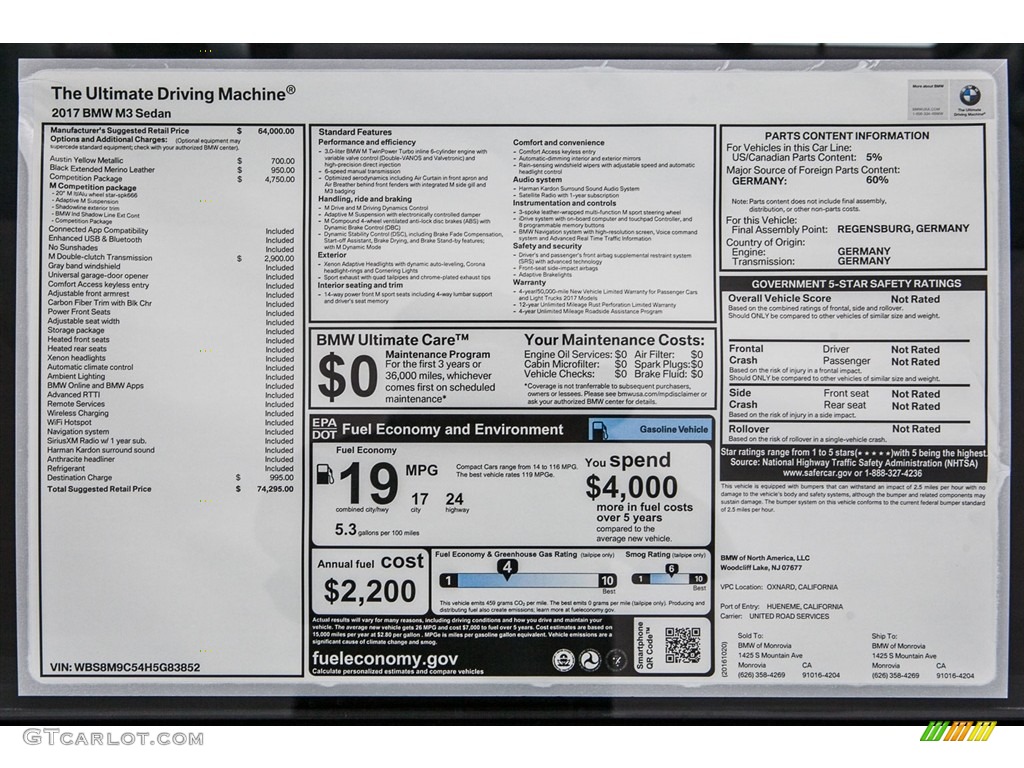 2017 BMW M3 Sedan Window Sticker Photo #116648327