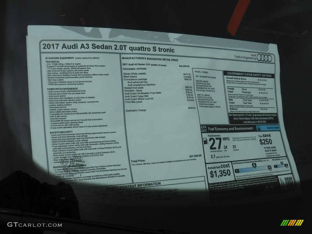 2017 Audi A3 2.0 Premium quttaro Window Sticker Photo #116650802
