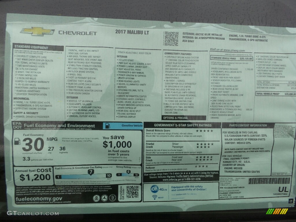 2017 Chevrolet Malibu LT Window Sticker Photo #116655353