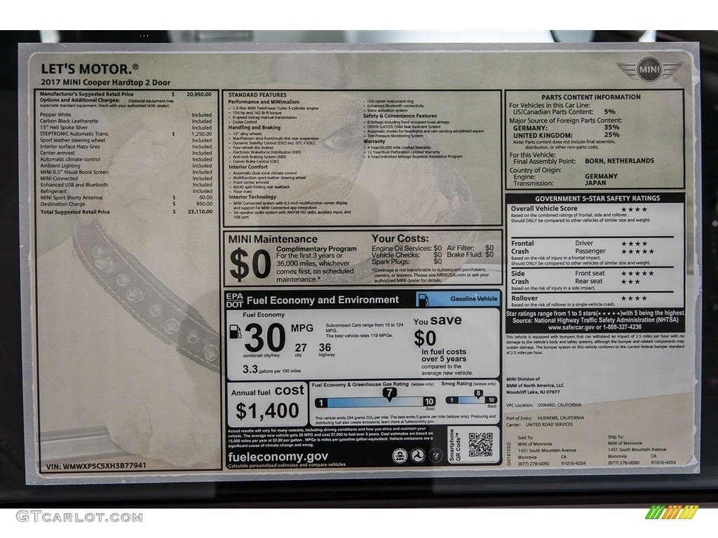 2017 Mini Hardtop Cooper 2 Door Window Sticker Photo #116670858