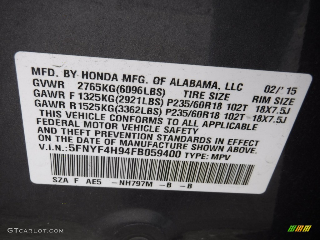 2015 Pilot Touring 4WD - Modern Steel Metallic / Gray photo #24