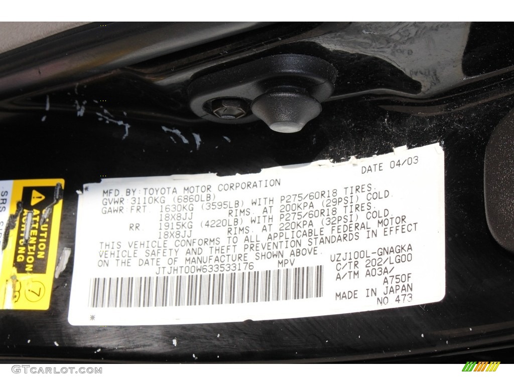 2003 Lexus LX 470 4x4 Color Code Photos