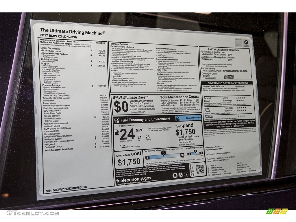 2017 BMW X3 sDrive28i Window Sticker Photo #116698209