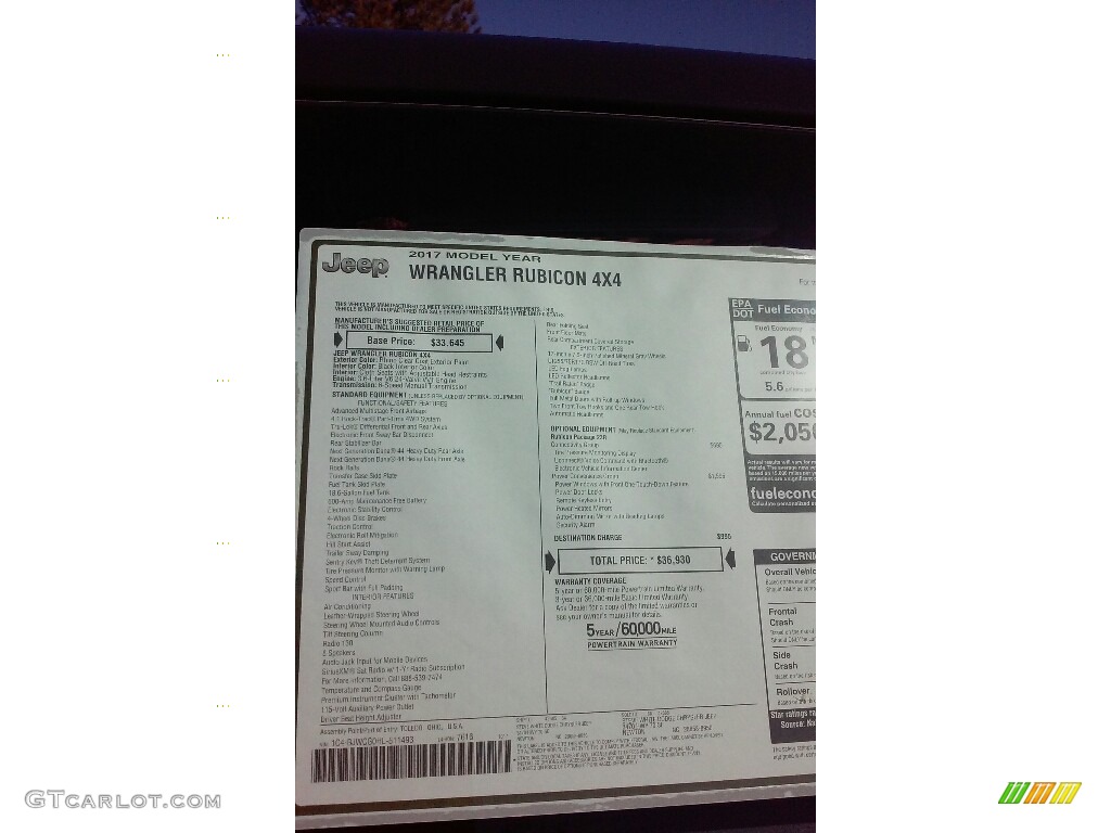 2017 Jeep Wrangler Rubicon 4x4 Window Sticker Photo #116721966