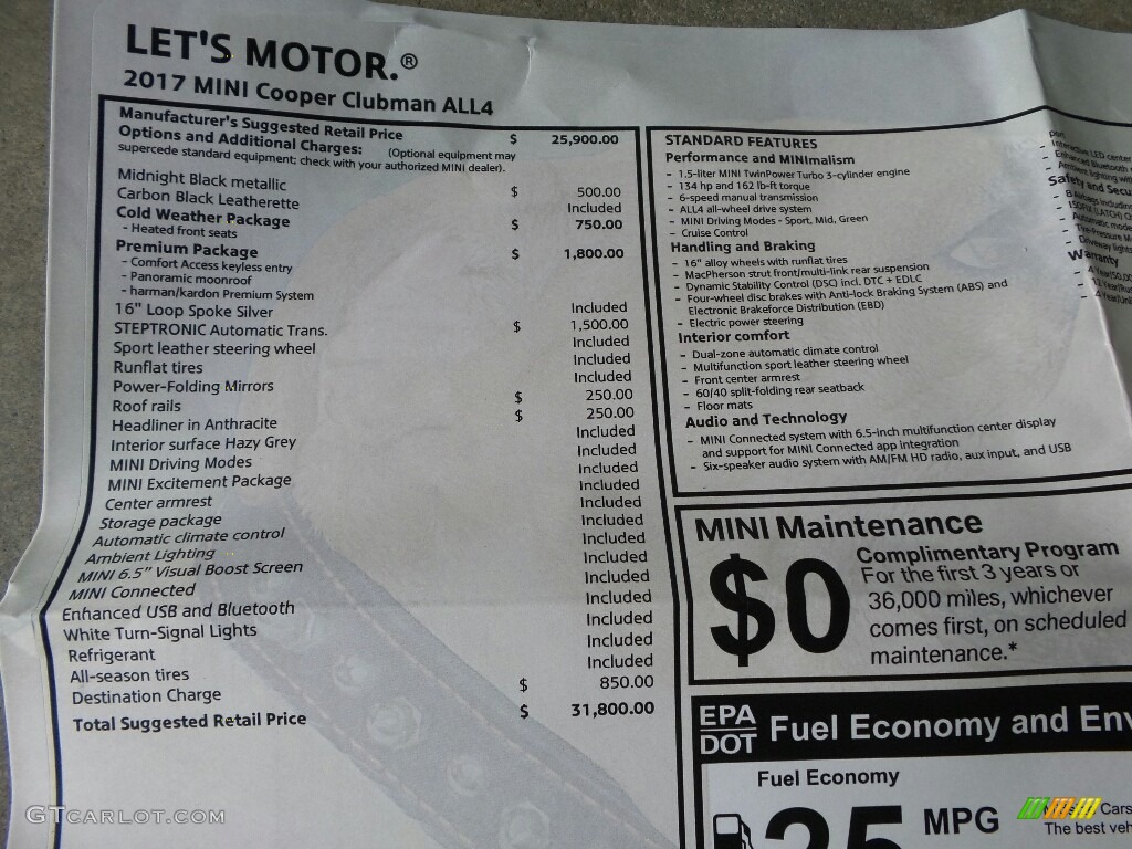 2017 Mini Clubman Cooper ALL4 Window Sticker Photo #116723379
