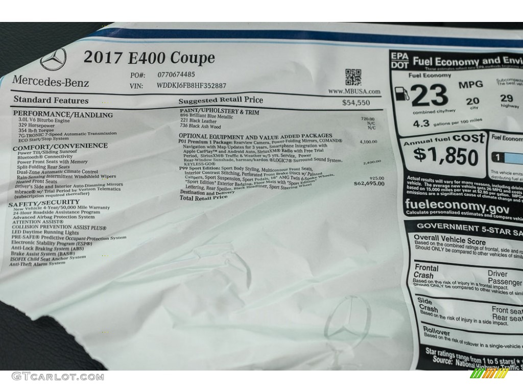 2017 Mercedes-Benz E 400 Coupe Window Sticker Photo #116748559