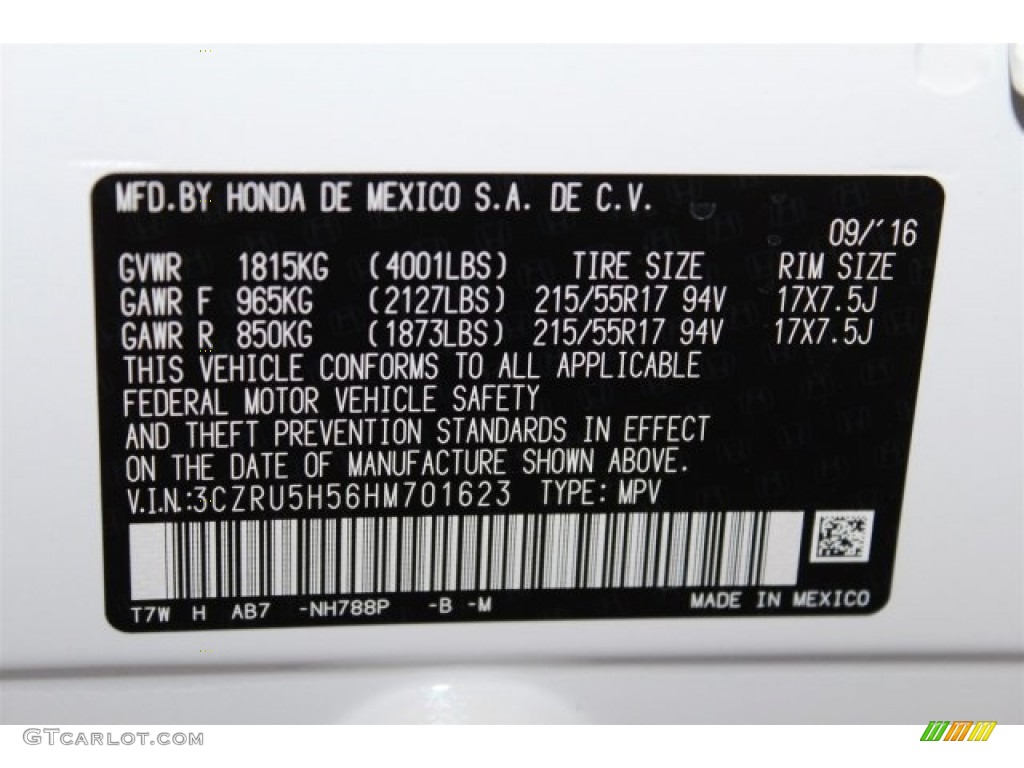 2017 HR-V Color Code NH788P for White Orchid Pearl Photo #116756260