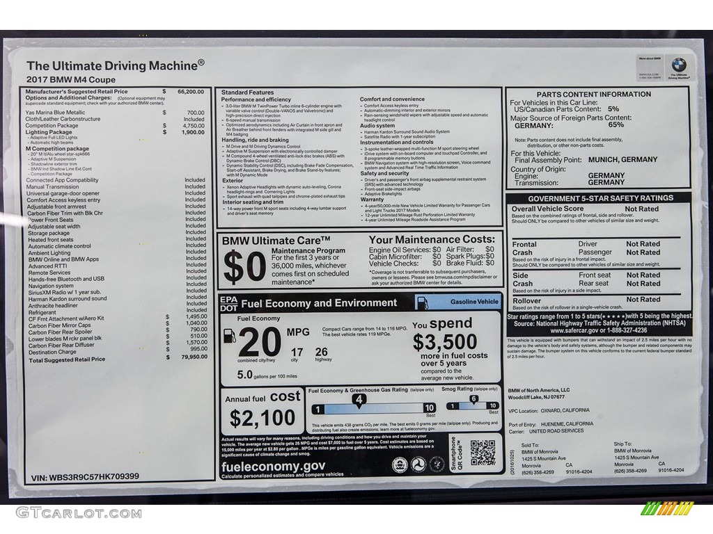 2017 BMW M4 Coupe Window Sticker Photo #116761345