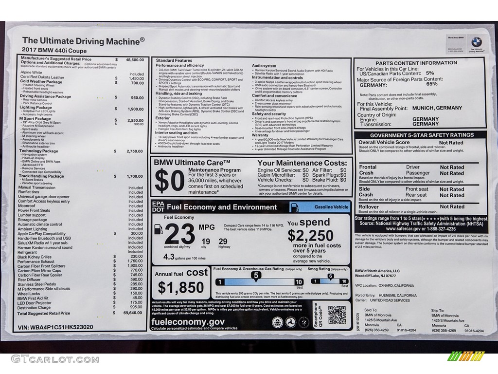 2017 BMW 4 Series 440i Coupe Window Sticker Photo #116761693