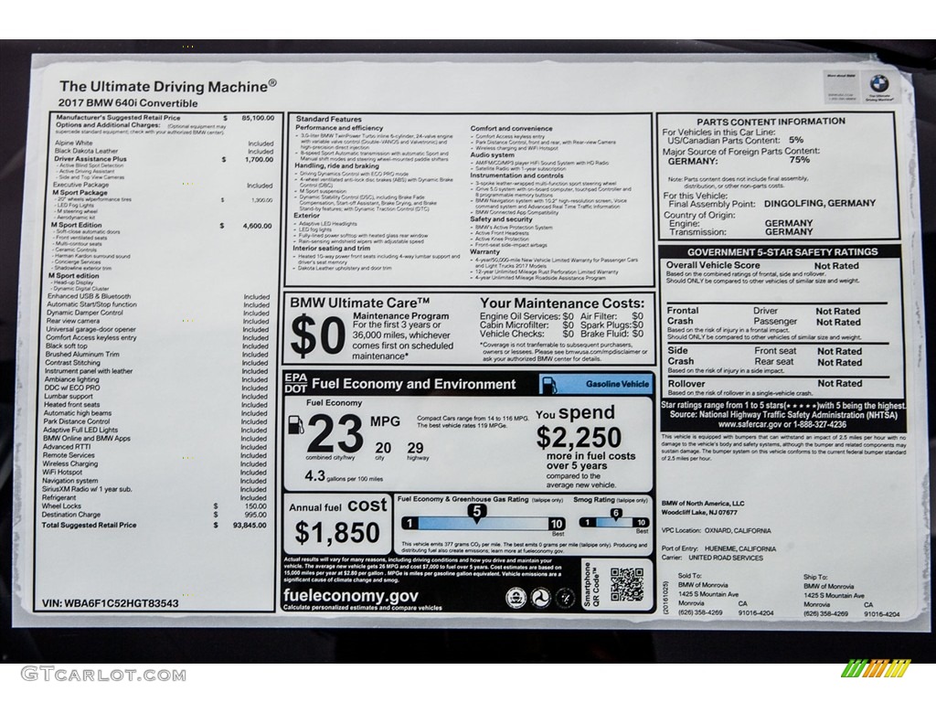 2017 BMW 6 Series 640i Convertible Window Sticker Photo #116761999