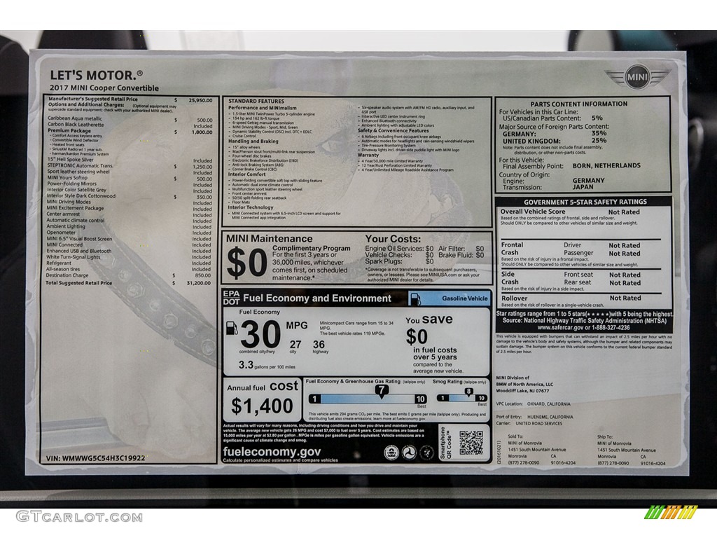 2017 Mini Convertible Cooper Window Sticker Photo #116762947
