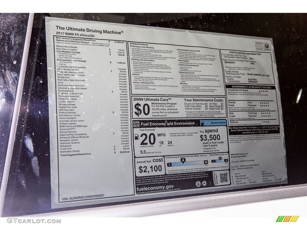 2017 BMW X5 xDrive35i Window Sticker Photo #116763862