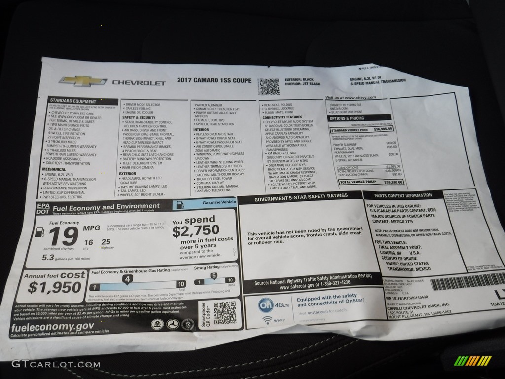 2017 Chevrolet Camaro SS Coupe Window Sticker Photos