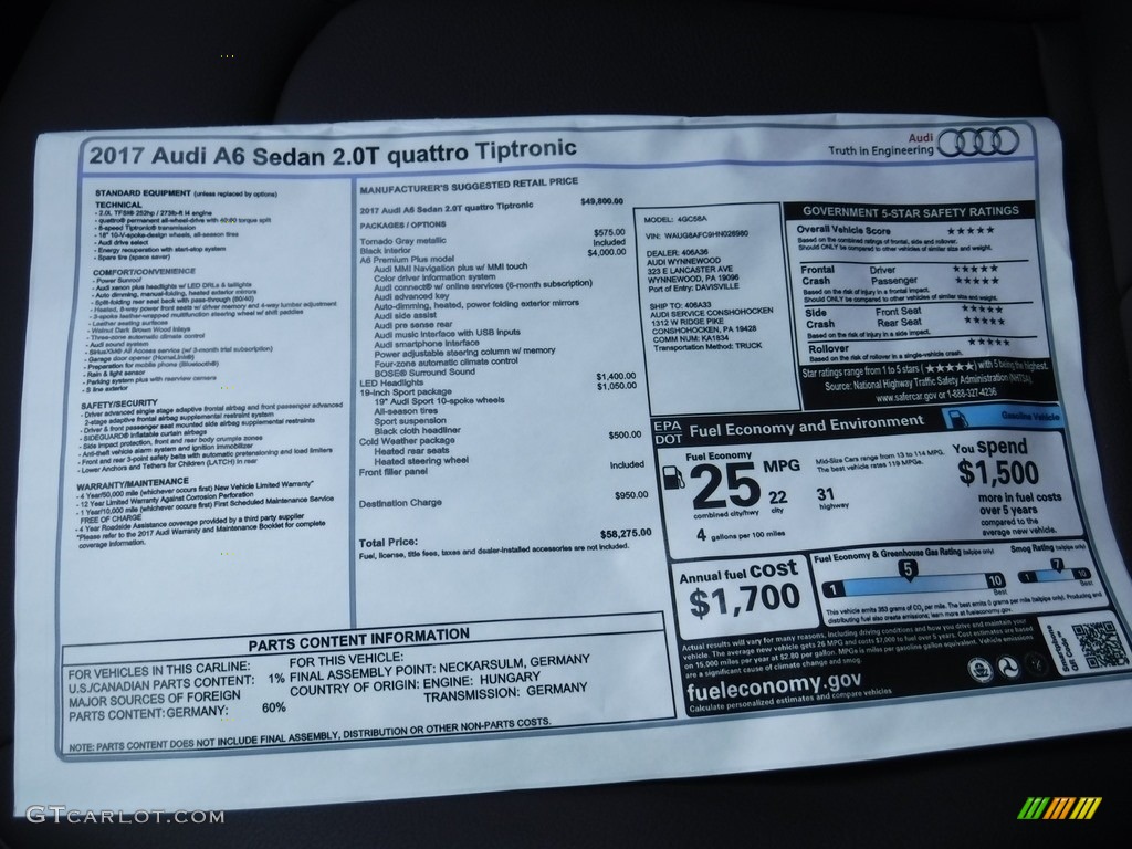 2017 Audi A6 2.0 TFSI Premium Plus quattro Window Sticker Photo #116771740
