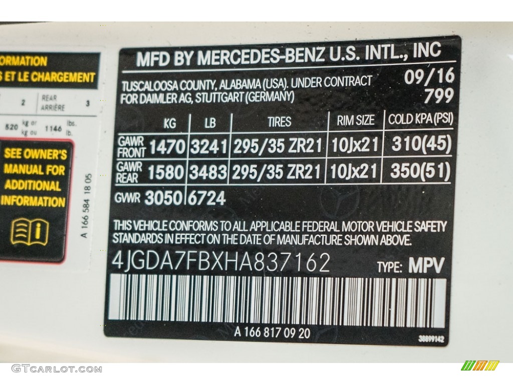 2017 GLE Color Code 799 for designo Diamond White Metallic Photo #116897432