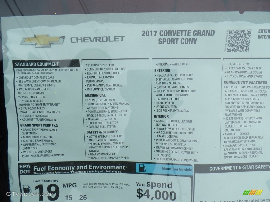 2017 Chevrolet Corvette Grand Sport Convertible Window Sticker Photo #116900099