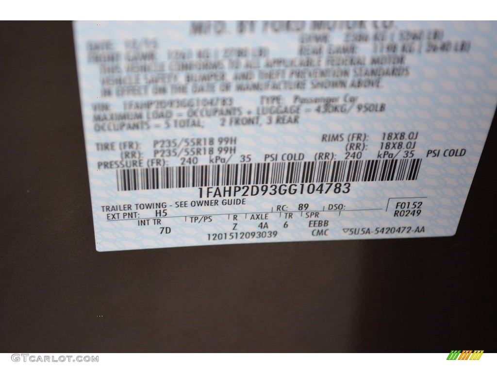 2016 Ford Taurus SE Color Code Photos