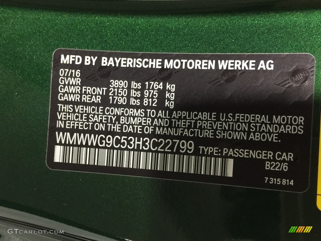 2017 Convertible Color Code B22 for British Racing Green II Metallic Photo #116905490