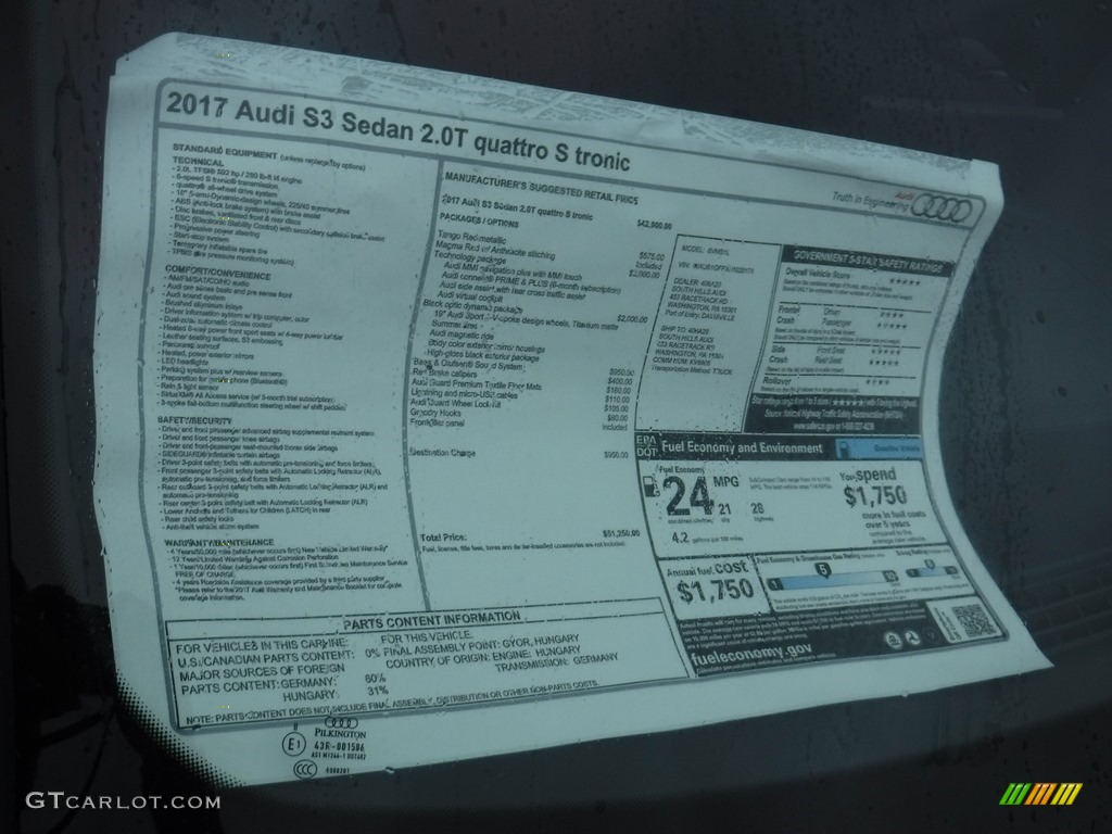 2017 Audi S3 2.0T Premium Plus quattro Window Sticker Photo #116908964