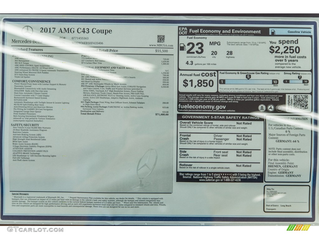 2017 Mercedes-Benz C 43 AMG 4Matic Coupe Window Sticker Photo #116918432