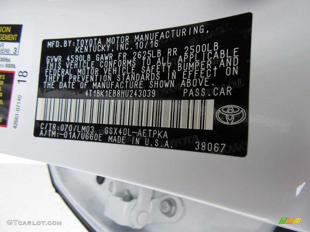 2017 Avalon Color Code 070 for Blizzard Pearl White Photo #116924780