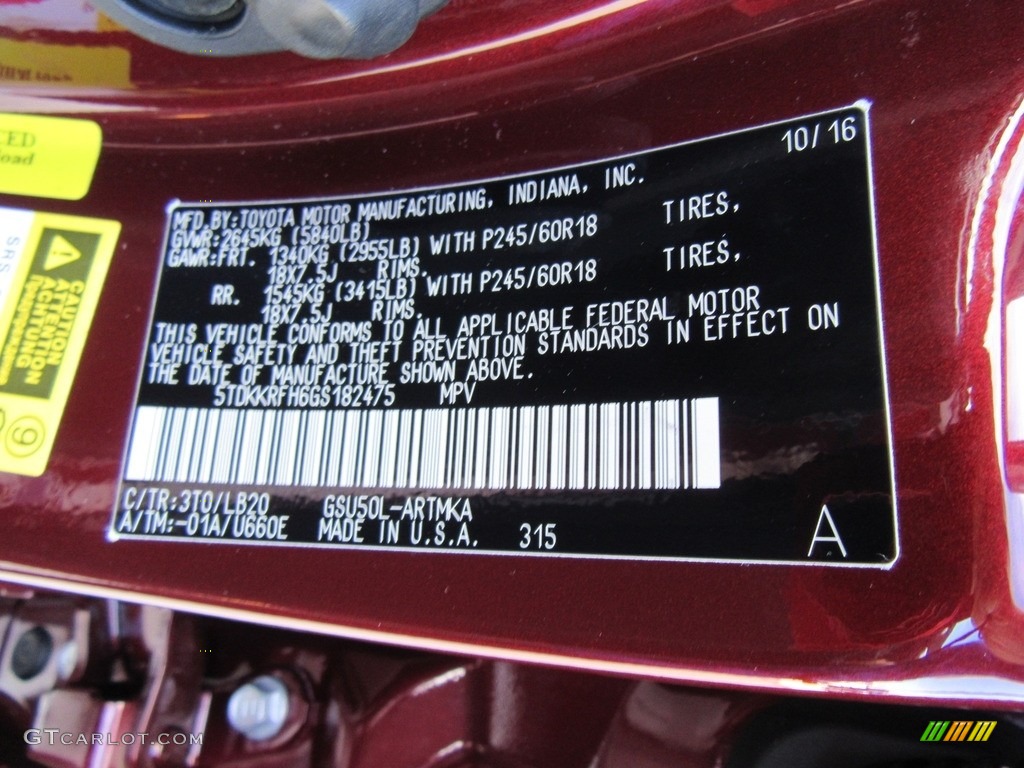 2016 Toyota Highlander XLE Color Code Photos
