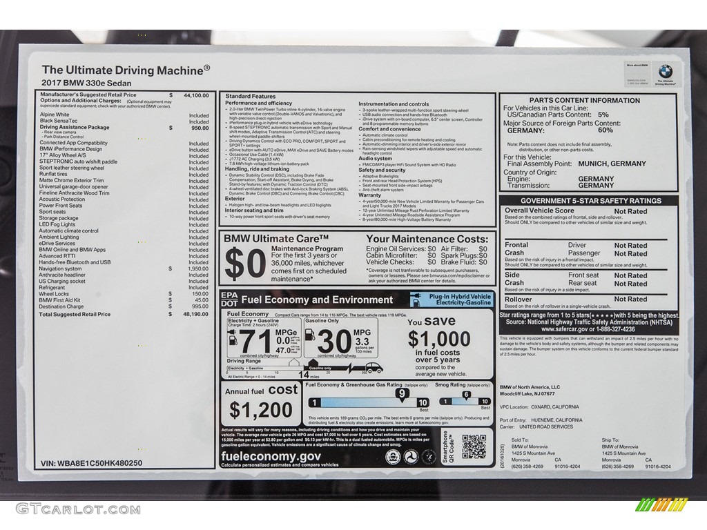 2017 3 Series 330e iPerfomance Sedan - Alpine White / Black photo #11
