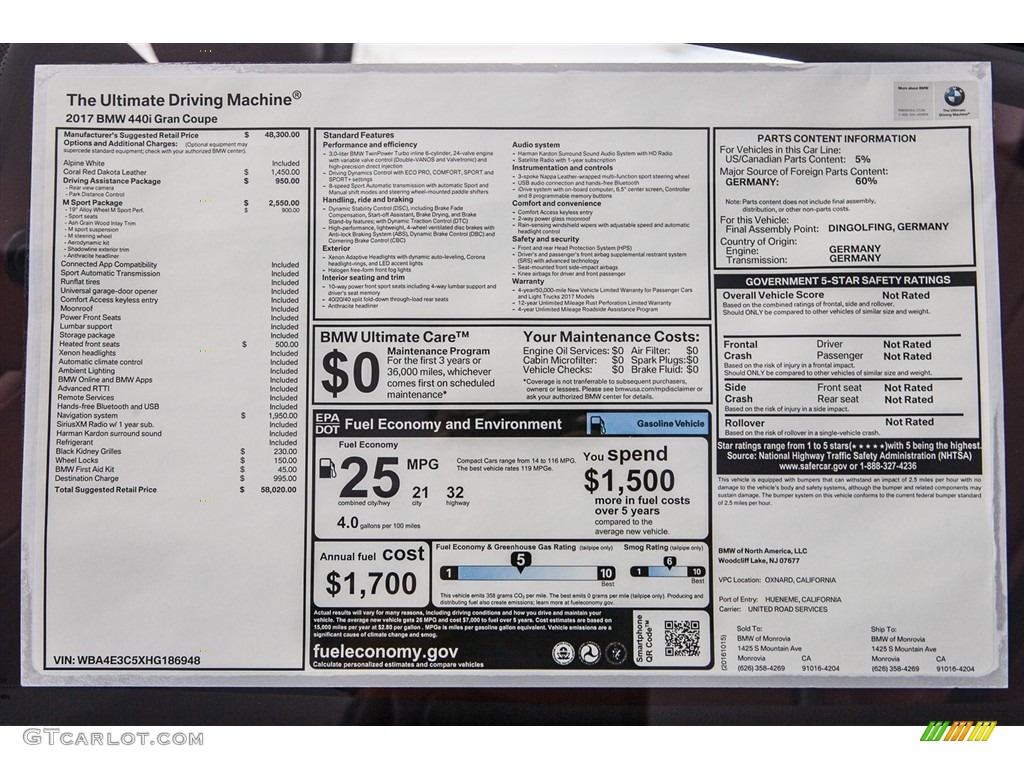 2017 BMW 4 Series 440i Gran Coupe Window Sticker Photo #116942813