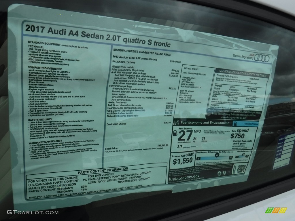 2017 Audi A4 2.0T Premium quattro Window Sticker Photo #116957887