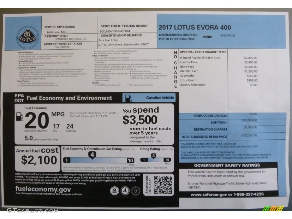 2017 Lotus Evora 400 Window Sticker Photo #116958922
